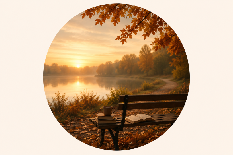 bench trees sunrise waterfront book